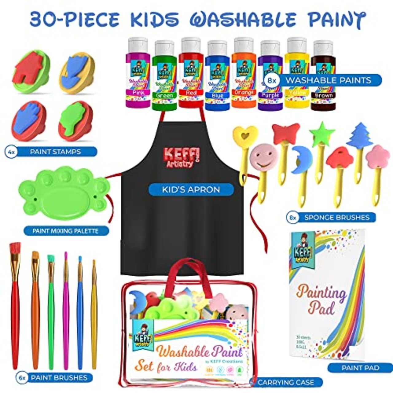 Washable Paint Set for Kids and Toddler - Finger Painting Kit for Toddlers with Non Toxic Washable Tempera, Brushes, Palette, Apron & More Art and Crafts Supplies - 30 Pcs